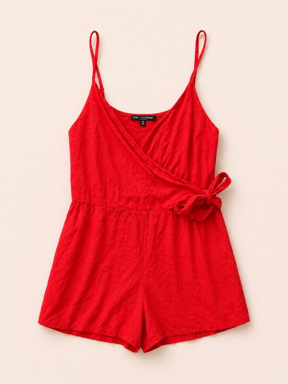 One Clothing Red Shorts Romper / Hot Red Spaghetti Strap Romper with Wrap Front